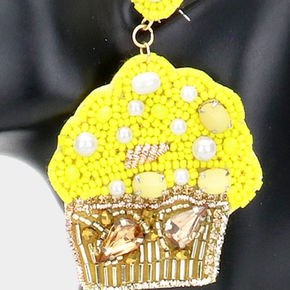 Neon Yellow Beaded Cupcake Dangle Earrings Cute - Picture 2 of 2